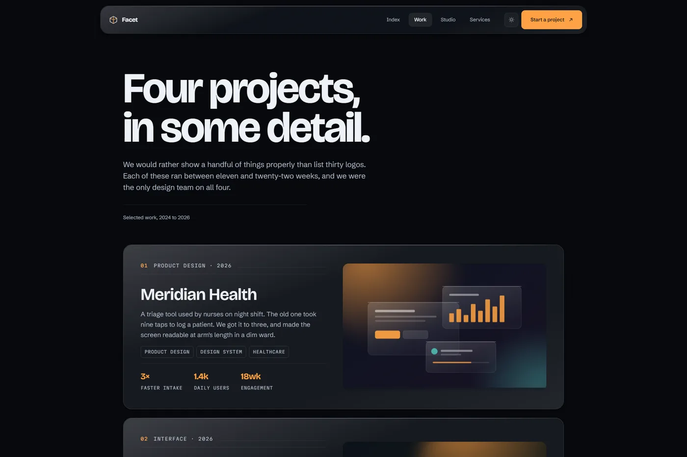 Facet work page: an editorial index of four case studies with results and tags