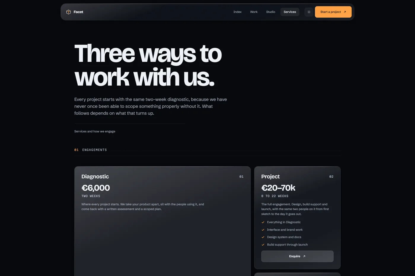 Facet services page with three pricing tiers presented in glass cards
