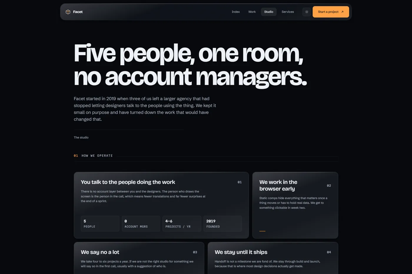 Facet studio page showing a nested bento grid and team profiles