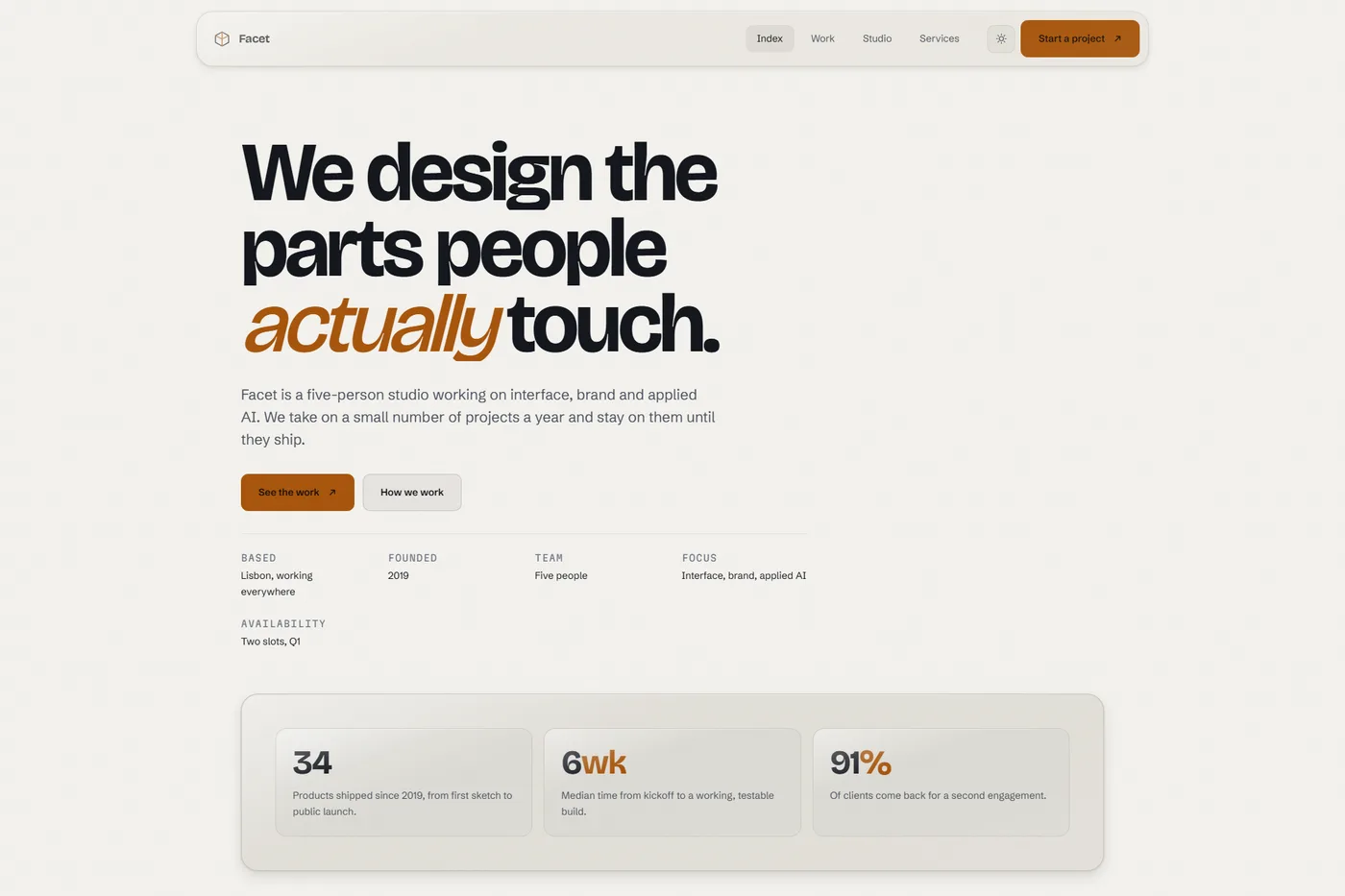 Facet homepage in the light theme, on a warm paper background